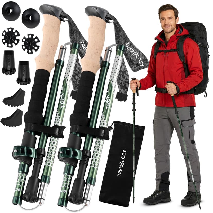 Trekology Trek-Z Hiking Trekking Poles, Walking Stick for Men, Women, 2pc | Foldable, collapsible, adjustable lightweight aluminum staff for seniors; folding, retractable for travel, trails, balance