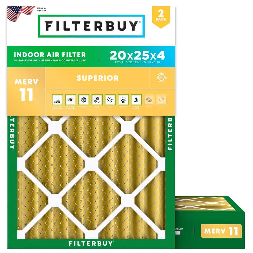Filterbuy 20x25x4 Air Filter MERV 11 Pet & Allergy Defense (2-Pack) | Electrostatic Pleated HVAC AC Furnace Filters Replacement, Made in USA (Actual Size: 19.50 x 24.50 x 3.63)