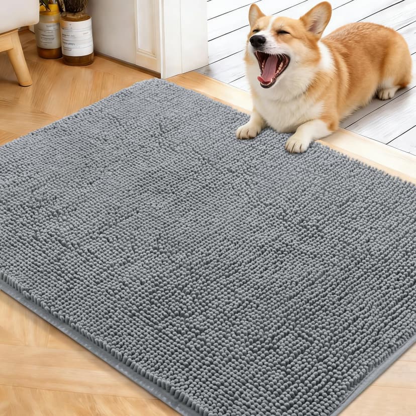 OLANLY Dog Door Mat for Muddy Paws 40x32, Absorbs Moisture and Dirt, Absorbent Non-Slip Washable Doormat, Quick Dry Chenille Mud Mat for Dogs, Entry Indoor Entryway Carpet for Inside Floor, Grey