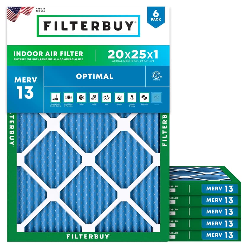 Filterbuy 20x25x1 Air Filter MERV 13 Smoke & Allergy Defense (6-Pack) | Electrostatic Pleated HVAC AC Furnace Filters Replacement, Made in USA (Actual Size: 19.50 x 24.50 x 0.75)