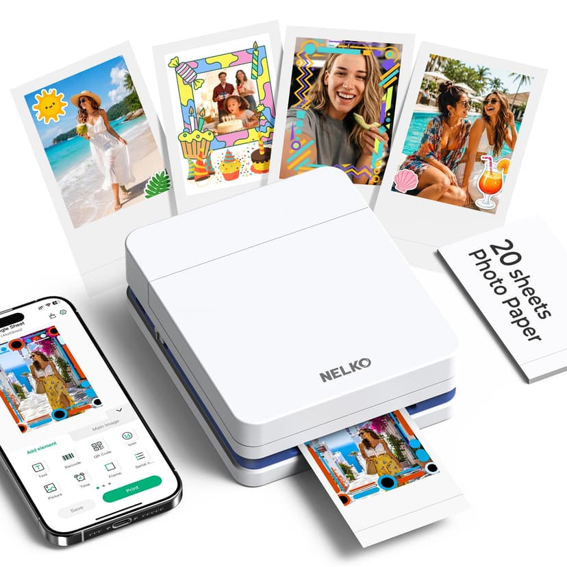 Nelko Photo Printer, 2x3 Portable Wireless Smartphone Printer, PP01 Mini Color Instant Inkjet Printer, Sticky-Back Photos, Bluetooth Compatible with iOS & Android, App Editing, White