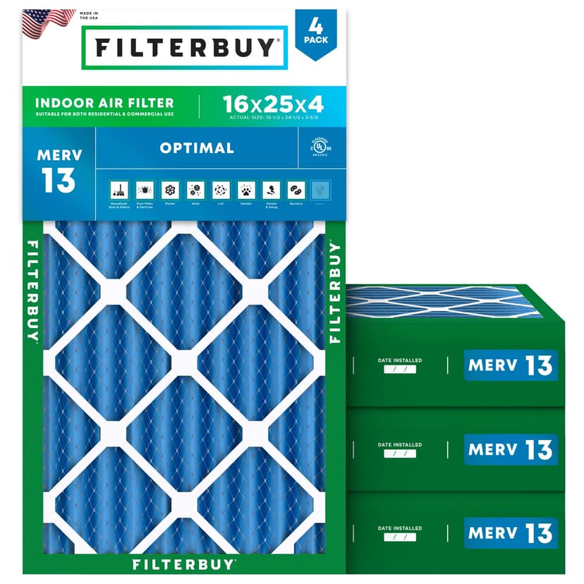 Filterbuy 16x25x4 Air Filter MERV 13 Smoke & Allergy Defense (4-Pack) | Electrostatic Pleated HVAC AC Furnace Filters Replacement, Made in USA (Actual Size: 15.50 x 24.50 x 3.63)