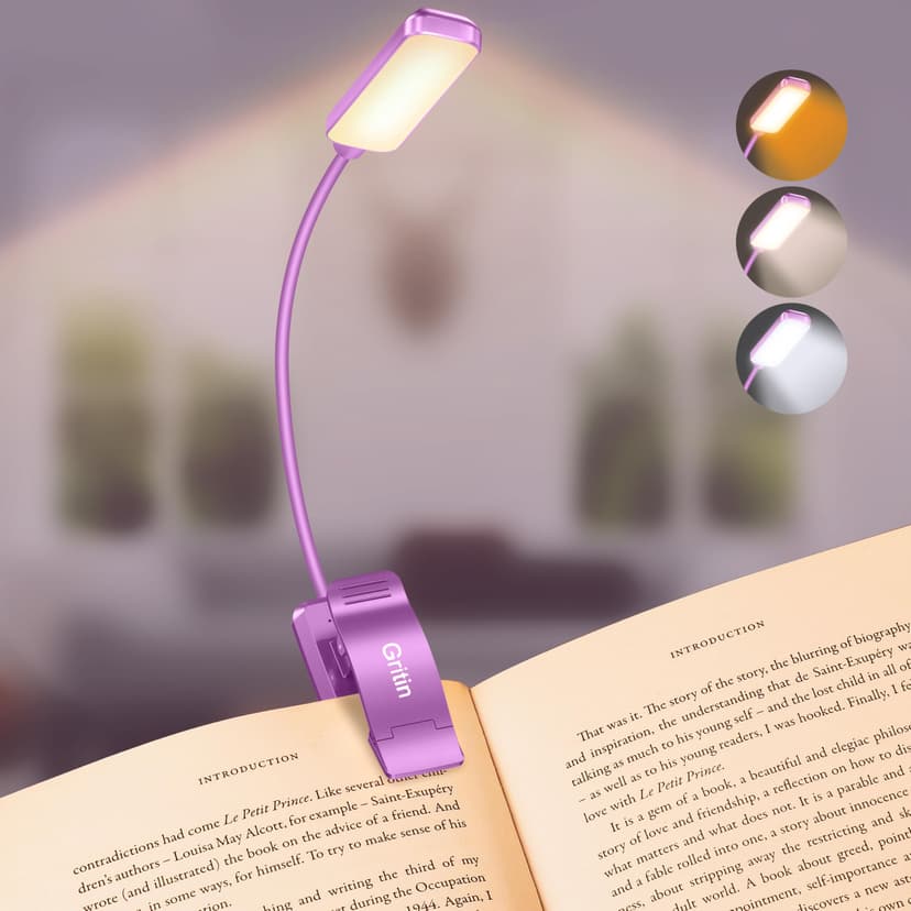 Gritin 9 LED Rechargeable Book Light for Reading in Bed | Eye Caring 3 Color Temps,Stepless Dimming Brightness,80 Hrs Runtime Small Lightweight Clip On Book Reading Light-Dark Purple