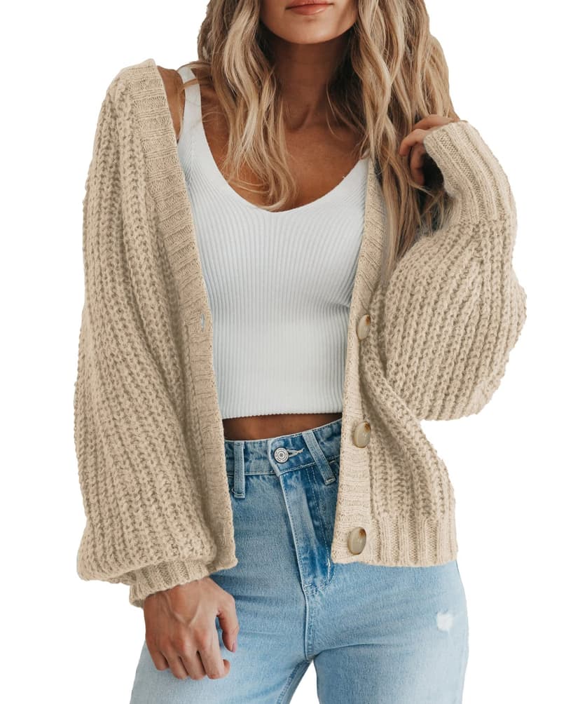 PRETTYGARDEN Women's Chunky Knit Open Front Cardigan Sweaters Fall Outfits | V Neck Button Loose Short Cardigan Outerwear Coats, Slouchy Drop Shoulder Loose Cute Sweaters, Fall Clothes for Work & Offi