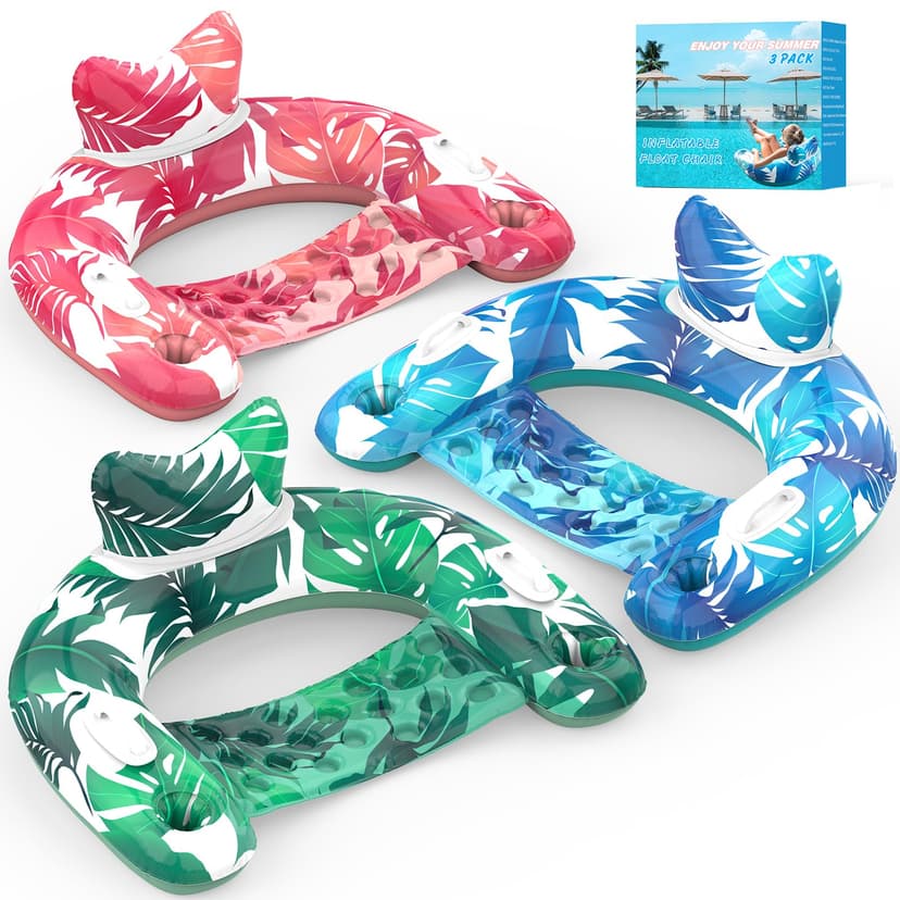 KEUCL Pool Floats, 3 Pack Inflatable Pool Float Chairs with Cupholders & Handles, Pool Floats Adult & Kids Perfect for Pool Lake & Rivers, Pool Toys Party, Relaxing Inflatable Chair for Swimming Pool