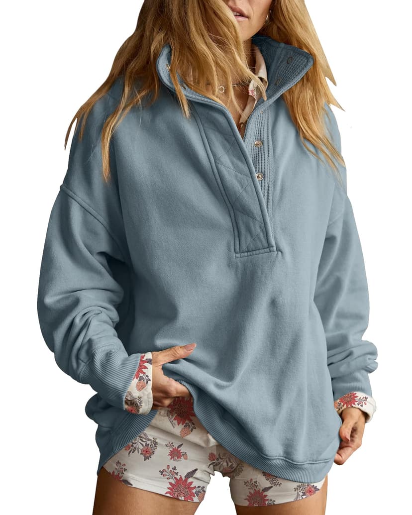 Gacaky Sweatshirt for Women Oversized Henley Neck Pullover Top Fall Outfits | Oversized Silhouette, Quilted Placket Detail, Henley Sweatshirt, Comfort Soft Sweaters, Fall Winter Fashion Outfits Clothe