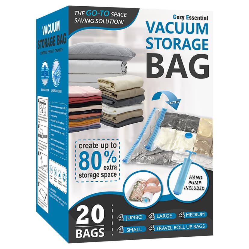 Cozy Essential Vacuum Storage Bags, 80% Compression Vacuum Seal Space Saver Plastic Packaging Bags for Clothes, Blankets, Pillow, Bedding, Comforters, Sealer Clothing Storage,20 Combo