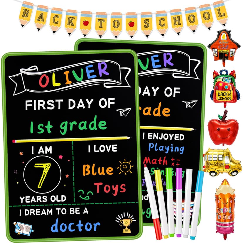 First and Last Day of School Sign with 6 Liquid Chalk Markers, Pencil Banner & 5 Pcs Balloons, 14"x11" Double-Sided Reusable Wooden Sign, Perfect Photo Props for Preschool & Kindergarten