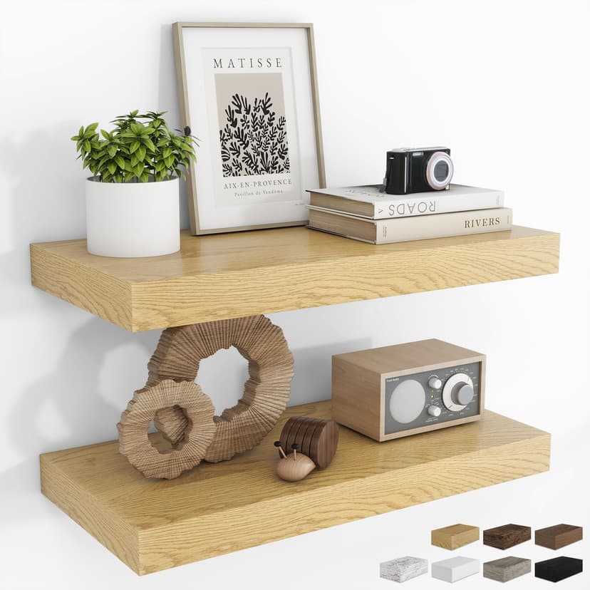 RICHFOCUS 20Inch Floating Shelves for Wall 2 Pack Shelves for Bedroom|Kitchen|Bathroom|Laundry Room Rustic Wood Wall Mounted Shelf with Invisible Brackets for Books|Storage|Decor, Oak