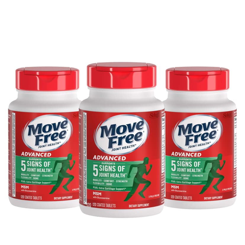 Move Free Advanced Joint Support, Glucosamine, Chondroitin + MSM - 3x120 ct | Supports Mobility Comfort Strength Flexibility & Bone, 120 Servings, Bone & Joint Support Supplement tablets, Fruitx-B