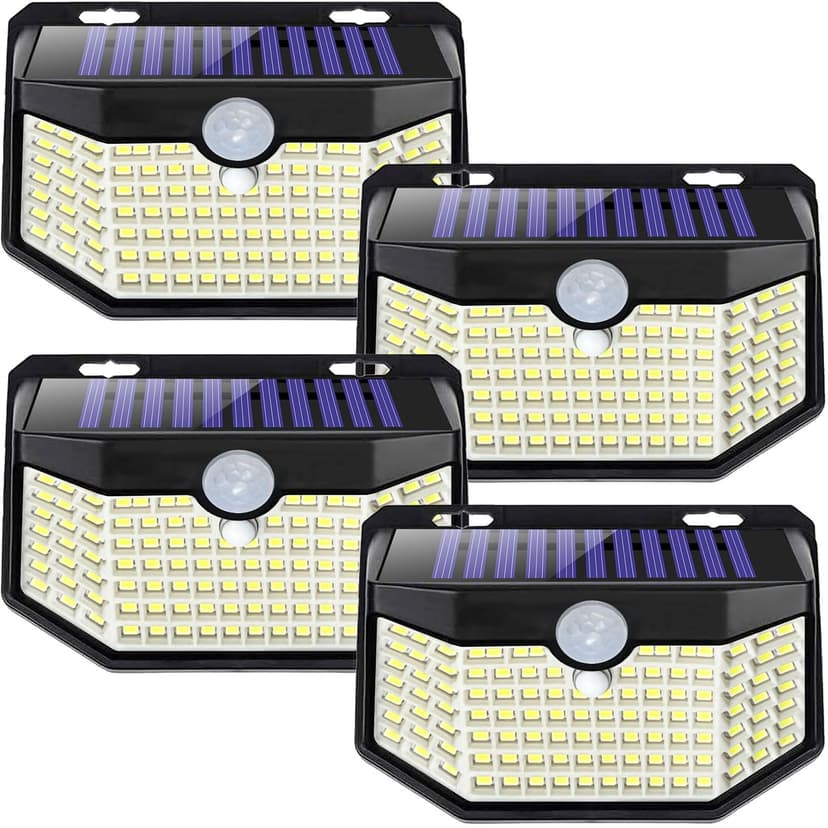 HMCITY Solar Lights Outdoor 120 LED 3 Lighting Modes,Motion Sensor Wall Lights, IP65 Waterproof Solar Powered Wall Lights for Garden Deck Lights (Front Button 4Packs, Black Shell-Daylight White)