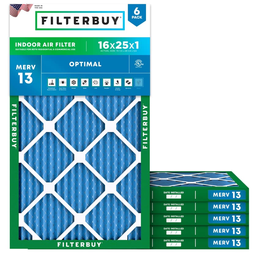 Filterbuy 16x25x1 Air Filter MERV 13 Smoke & Allergy Defense (6-Pack) | Electrostatic Pleated HVAC AC Furnace Filters Replacement, Made in USA (Actual Size: 15.50 x 24.50 x 0.75)