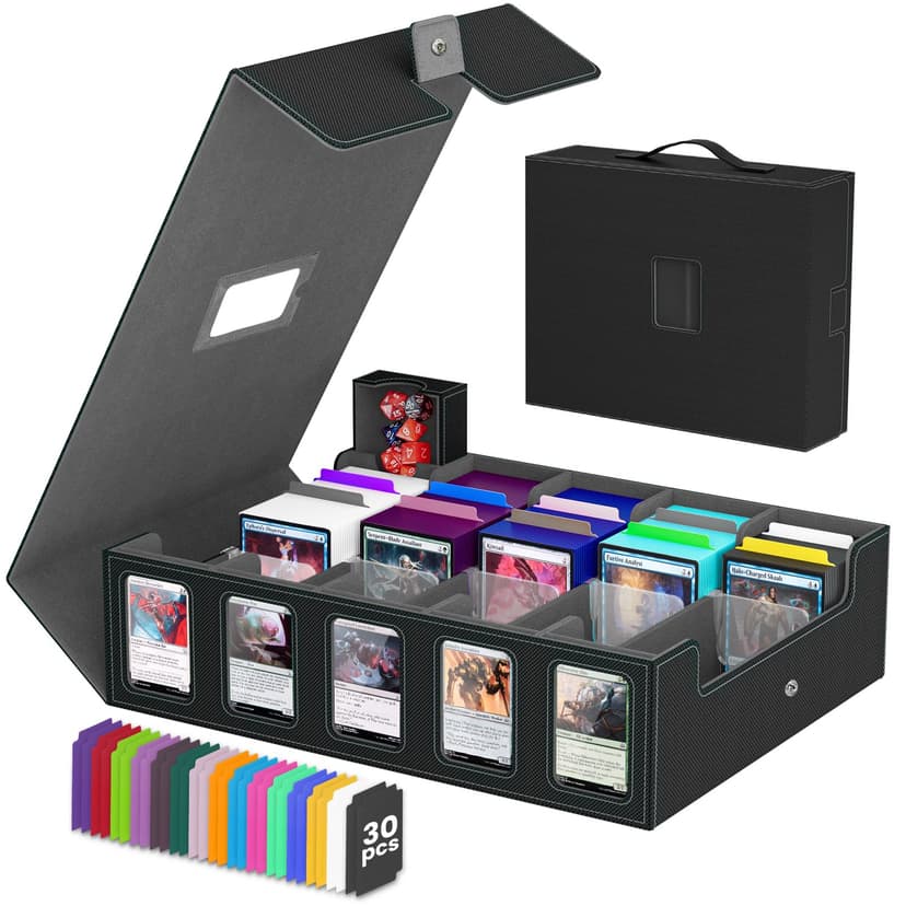 Gomyrod 5 Row 4200+ Trading Card Storage Box with Commander Display | MTG Storage Box with 30 Dividers, 8 Supporter, Bulk Card Storage Compatible for Magic/MTG/TCG Sports Cards (Black/Grey)