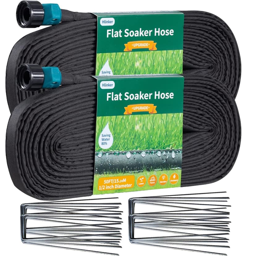 Hlinker 2026 Flat Soaker Hose 100 ft (50ft 2Packs) with Stake for Garden, Linkable Drip Hose Diy Automates Garden Irrigation System Saving 88% Water, Dual-layer Leak-free Design Water Hose with Holes