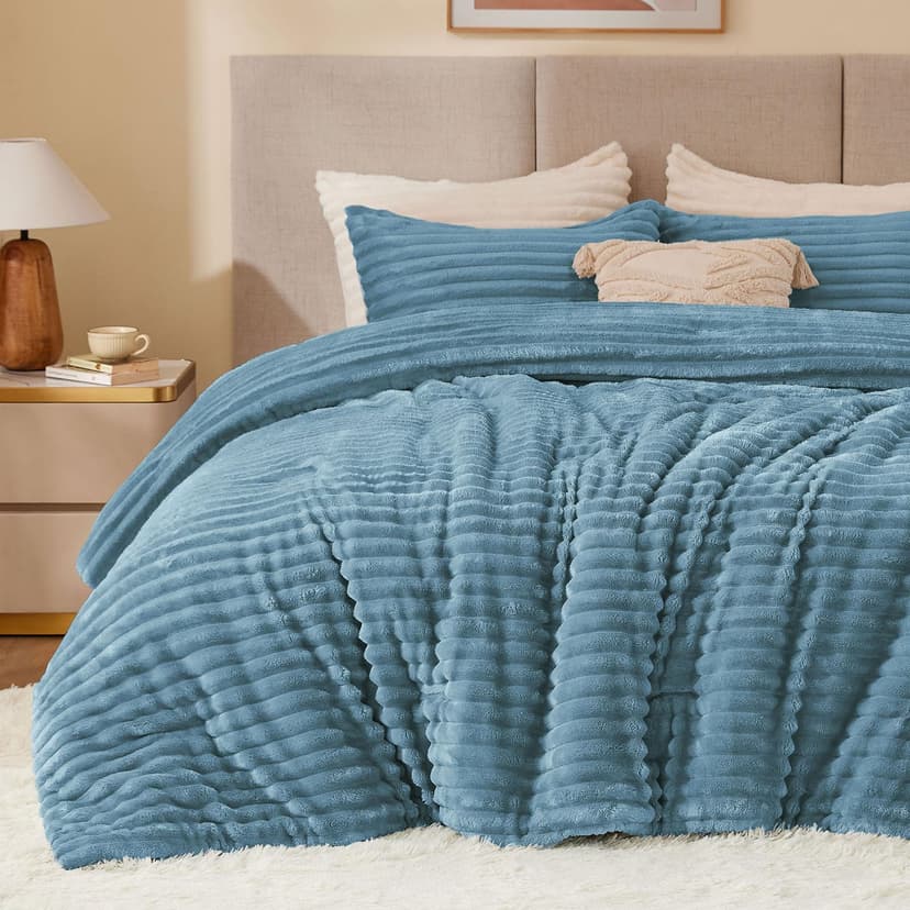 BEDELITE Fleece Twin/Twin XL Comforter Set, Fluffy Bed Set, Blue Fog | Super Soft & Warm Bedding, Luxury Fuzzy Faux Fur Comforter for Winter, Heavy Plush Bedding, with 1 Pillowcase