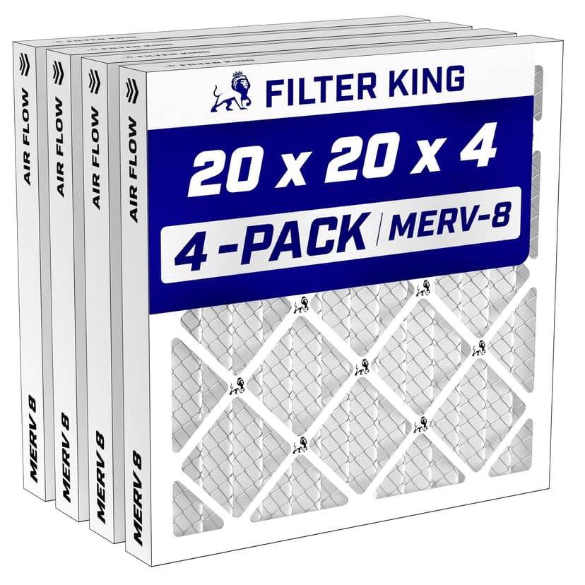 Filter King 20x20x4 Air Filter MERV 8, AC Furnace Filters (4-Pack) | Dust & Allergy Control (Actual Size: 19.5 x 19.5 x 3.75)