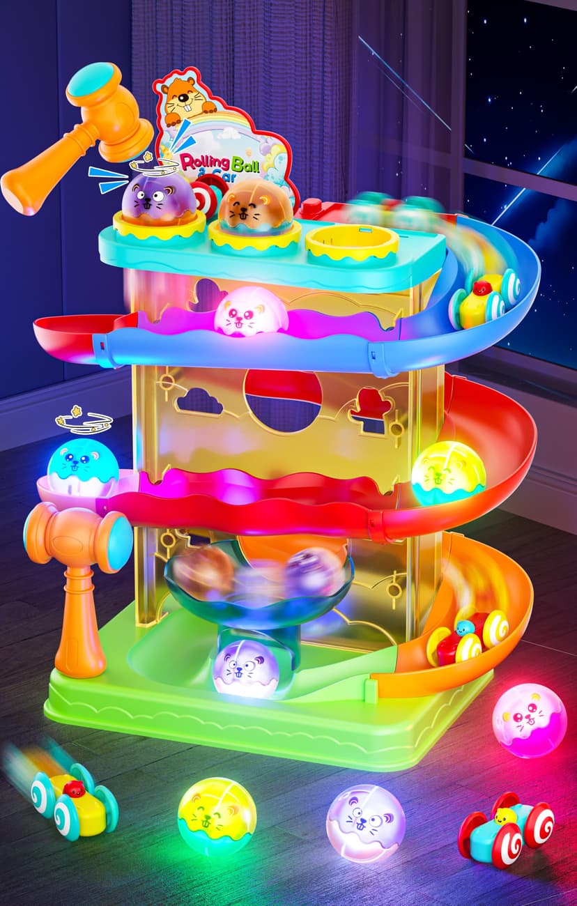 2-in-1 Ball Drop & Car Ramp Race Track Montessori Toy for Toddlers Ages 1-5 | Hammer Rolling Ball, Launch and Race Car-Cause and Effect Sensory STEM Learning Toys for 1-5 Year Old Boys & Girls