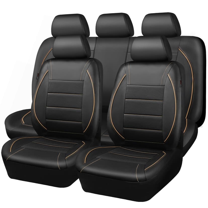 CAR PASS Universal FIT Piping Leather Car Seat Cover, for suvs,Van,Trucks,Airbag Compatible,Inside Zipper Design and Reserved Opening Holes (Full Set, Black and Beige)