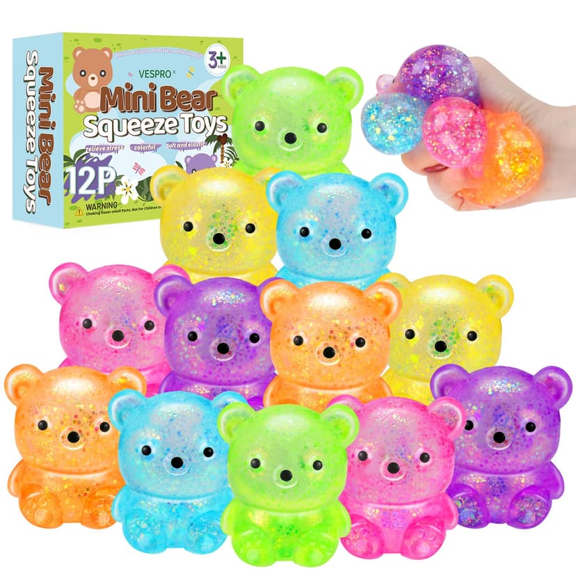 VESPRO 12Pack Fidget Toys Squishy ，Cute Bear Squeeze Ball | Bulk Squishy Fidget Squeeze Play Toys，Pull Stretch Classroom Prize Party Favors Toys for Kids
