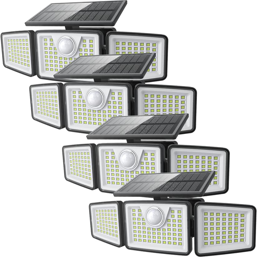 daphino 2500LM Solar Lights, Motion Sensor Outdoor Lights, 3-Head, 4 Pack | 270° Wide-Angle Street & Area Coverage, IP65 Waterproof Security Lighting, 3 Lighting Modes, Remote Control