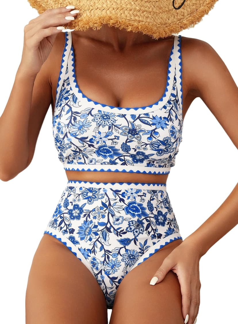 Herseas Women's Bikini Sets Floral Print Whip Stitch 2 Piece Swimsuits High Waisted Scoop Bathing Suits