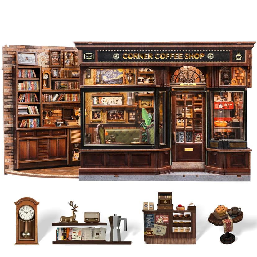 CUTEBEE Book Nook Kit, DIY Miniature House Coffee Shop Dollhouse | Booknook Tiny House Bookshelf Decor, 3D Wooden Puzzle for Adults, DIY Hobby Craft Gift (Corner Coffee Shop)
