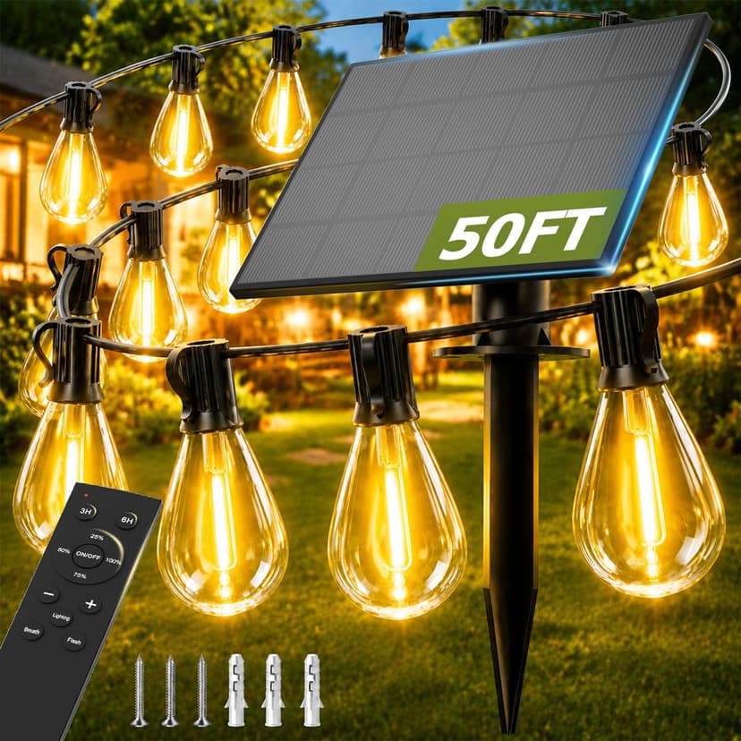 plosim 50FT Solar String Lights Outdoor, Dimmable Patio Lights Solar Powered with Remote & USB Port 18+1 LED Shatterproof Bulbs 3 Light Modes, Waterproof Solar Light for Camping Backyard Garden