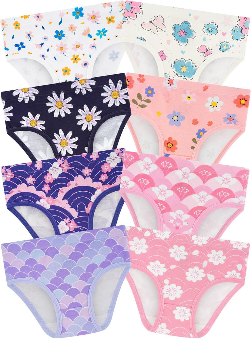 Girls Underwear, Soft Cotton Tagless Breathable Panties, 8-Pack, 18M-12Y | Combed Cotton, True-to-Size, Tagless, Full Coverage, Assorted Prints, Stretchy Fabric, Durable Stitching, Low Shrinkage