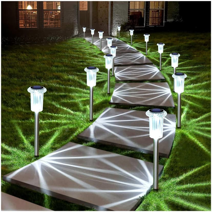 DenicMic Solar Lights Outdoor 10 Pack Waterproof 6000K Cold White LED Stainless Steel Stake Outside Lights for Yard Pathway Garden Driveway Walkway Landscape Path Lighting