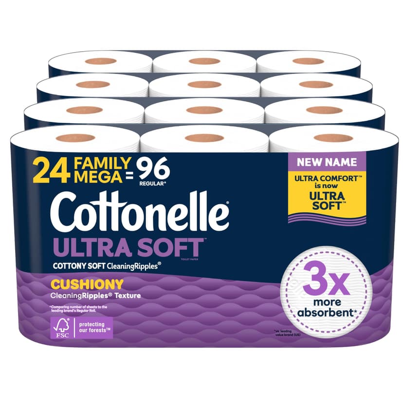 Cottonelle Ultra Soft Toilet Paper with Cushiony CleaningRipples Texture, Strong Bath Tissue, 24 Family Mega Rolls = 108 Regular Rolls (4 Packs of 6)