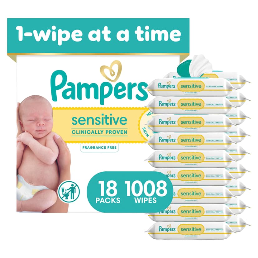 Pampers Sensitive Baby Wipes, Clinically Proven, Fragrance Free, Unscented, Water Based, Hypoallergenic, Multi-Use, Hand Wipes 1008 Wipes Total (18X Flip-Top Packs) [Packaging May Vary]