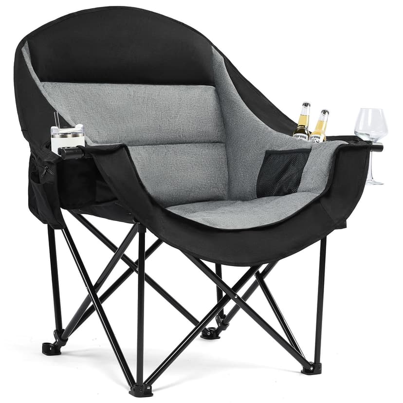 Oversized Camping Chairs for Adults - Heavy Duty Padded Outdoor Folding Lawn XL Camp Chair with Cup Holder Cooler Pockets for Outside Sports Beach Fishing Garden Portable Supports 500lbs, Black