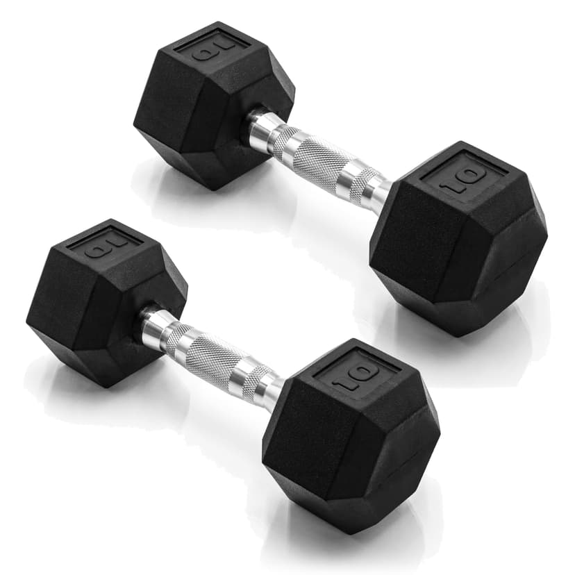 CAP Rubber Coated Dumbbell Weights, Free Weights for Home Gym Strength Training, Anti-Roll Hex Dumbbells with Black, Chrome & Comfort Grip Handles, Pairs & Sets