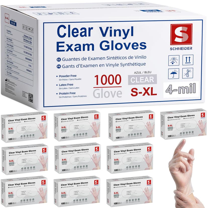 Schneider Medical Vinyl Exam Disposable Gloves Latex Free | Powder free, clear，Food Safe, Cleaning, Exam，Cooking，Food Prep， Comfortable Fit, Ambidextrous, Unisex