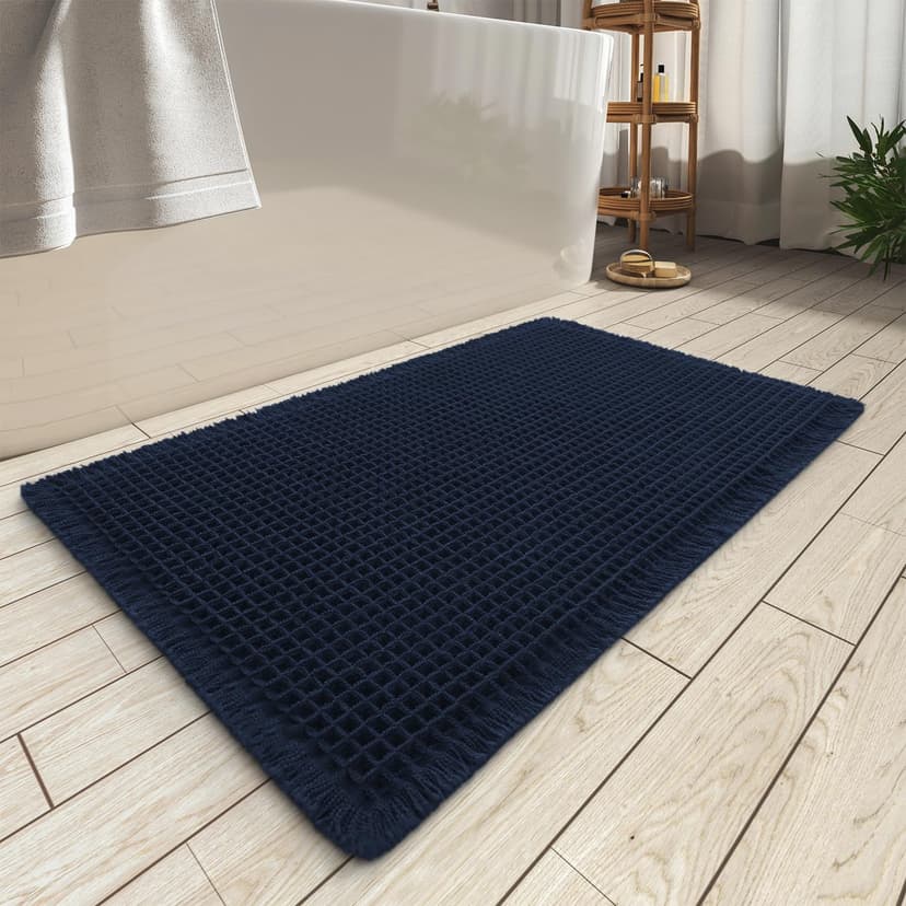 Upgraded Waffle Bath Mat Ultra Absorbent Non Slip Bathroom Mat, 18" x 30" | Navy, Quick Dry Washable Bathroom Rugs, Extra Soft Decorative Bath Rugs for Bathroom Floor, Beside Tub and Shower
