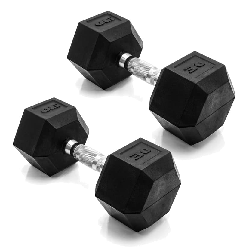 CAP Rubber Coated Dumbbell Weights, Free Weights for Home Gym Strength Training, Anti-Roll Hex Dumbbells with Black, Chrome & Comfort Grip Handles, Pairs & Sets