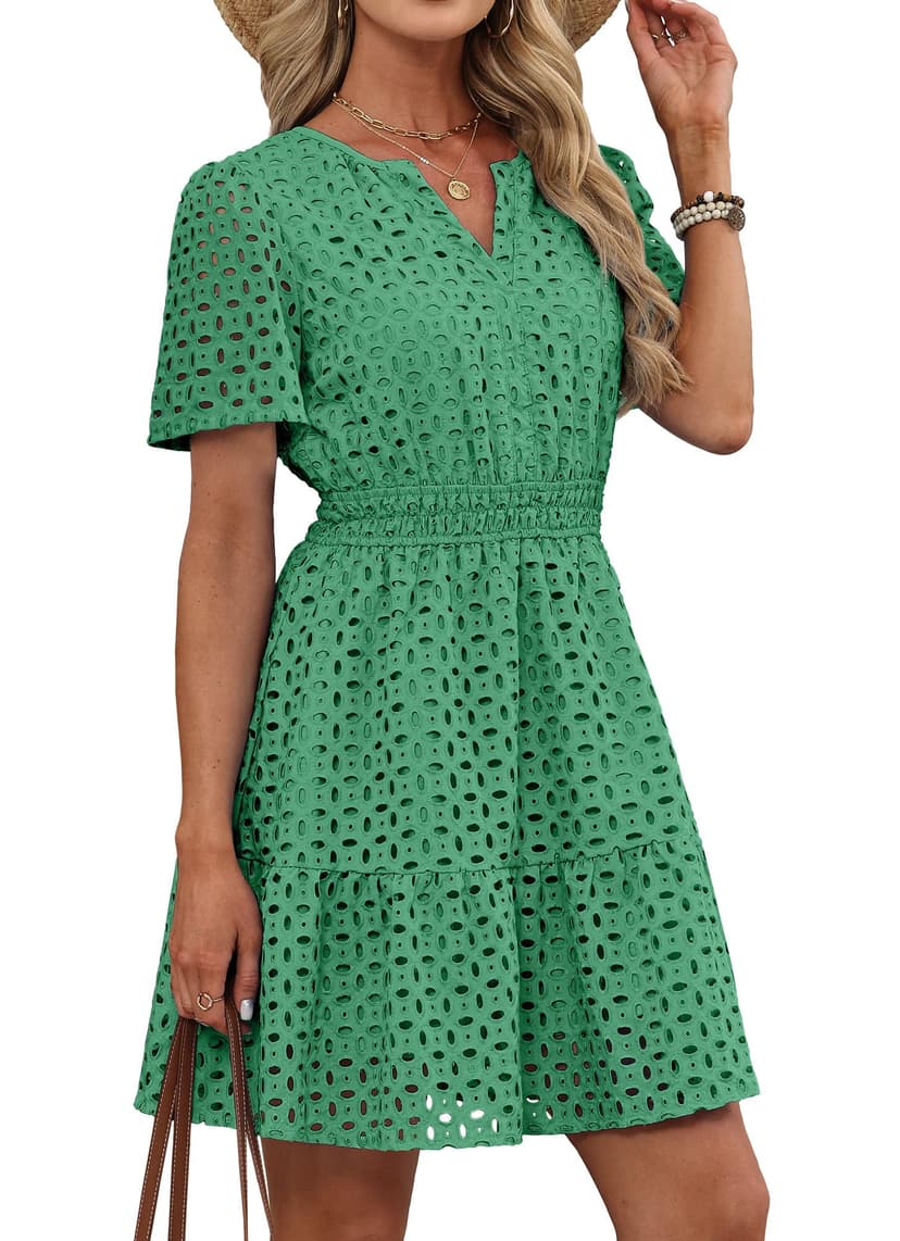 RUMIA Womens Dresses 2026 Summer V Neck Eyelet Lace A Line Short Dress