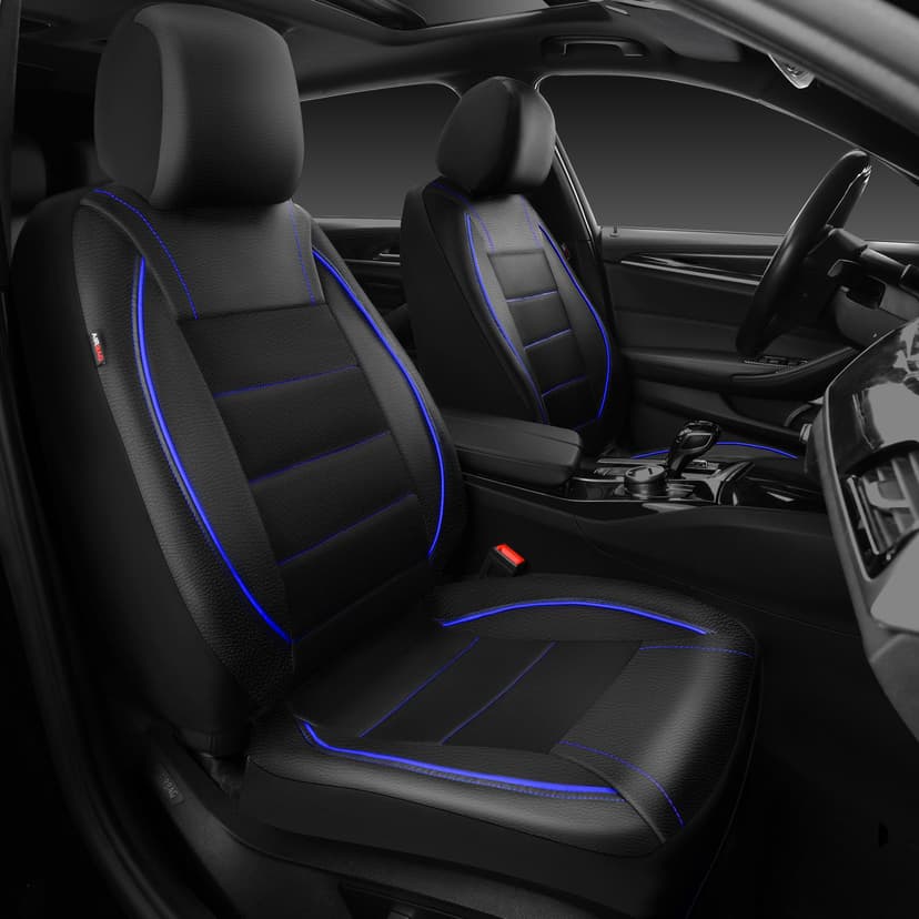 CAR PASS Universal FIT Piping Leather Two Front Seat Covers, Waterproof Faux Leather for SUV Sedan Van Truck, Airbag Compatible,Reserved Opening Holes for Headrest Covers. (Black and Blue)
