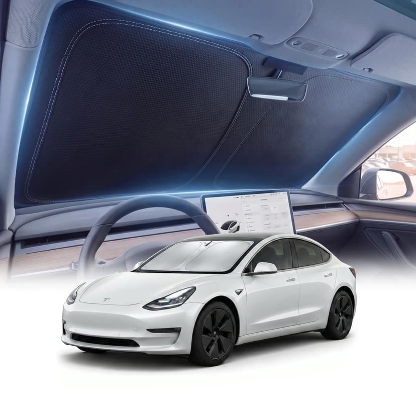 DMJN Front Windshield Sun Shade for Tesla New Model Y, Y & 3 (2017-2026), [Nano Ice-Crystal Coatings] UPF50+ Heat & UV Block, Protect Car Interior & Keep Cool, Flodable Steel-Ring Car Cover for Summer