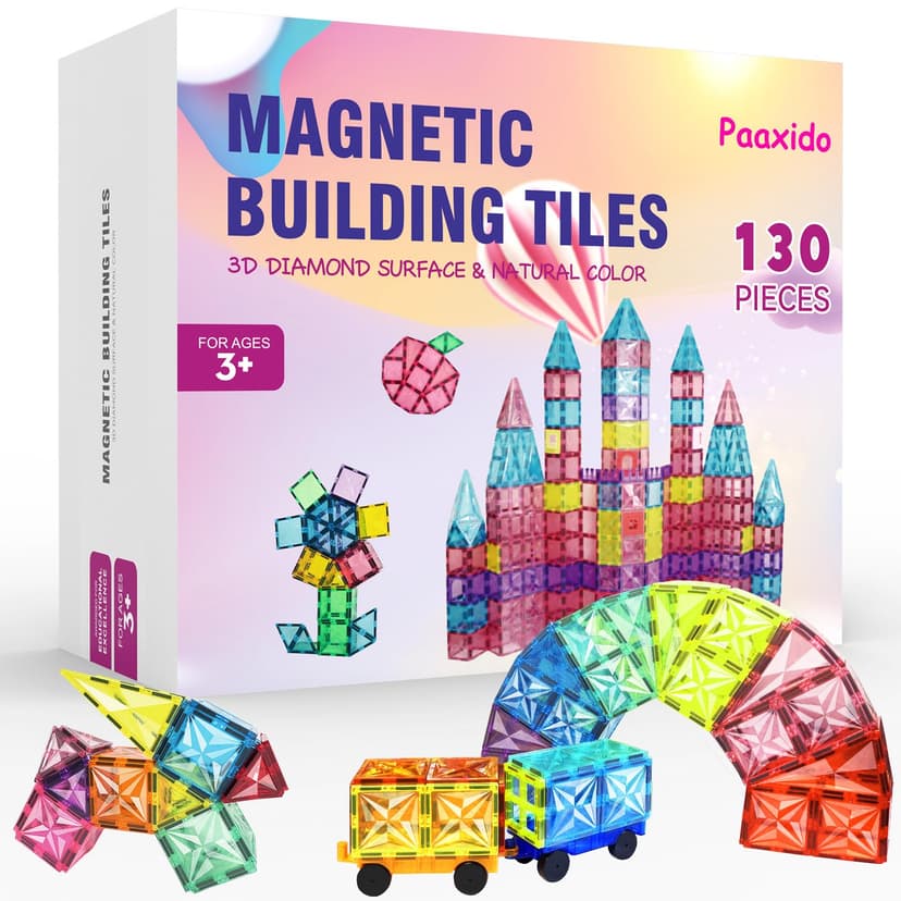 Paaxido Magnetic Tiles, 130PCS Magnetic Blocks Set with 2 Cars, 4D Diamond Magnet Building Blocks, STEM Preschool Educational Magnet Toys Gift for Kids, Boys and Girls 3 4 5 6 7 8+ Year Old