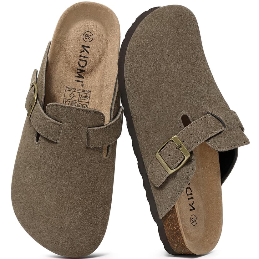 KIDMI Genuine Suede Clogs for Women Men Cork Footbed Mules Potato Shoes | Arch Support, Comfortable, Leather Slip On, Fall, Casual, Indoor Outdoor, Non-slip Rubber Sole, Adjustable Metal Buckle
