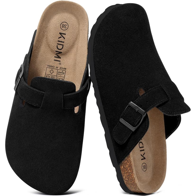 KIDMI Genuine Suede Clogs for Women Men Cork Footbed Mules Potato Shoes | Arch Support, Comfortable, Leather Slip On, Fall, Casual, Indoor Outdoor, Non-slip Rubber Sole, Adjustable Metal Buckle