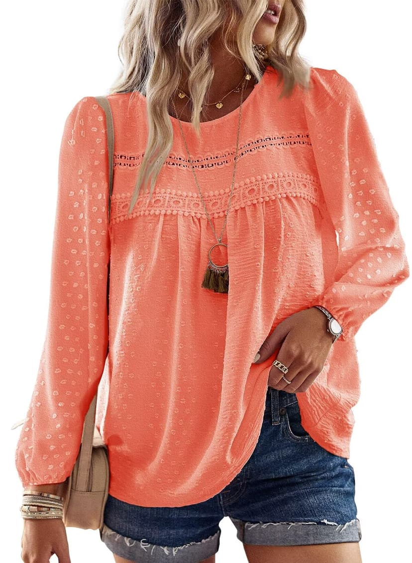Falechay Boho Tops for Women Long Sleeve Shirts Crewneck Flowy Womens Blouses Dressy Casual Lace Hem Clothing Trendy 2026