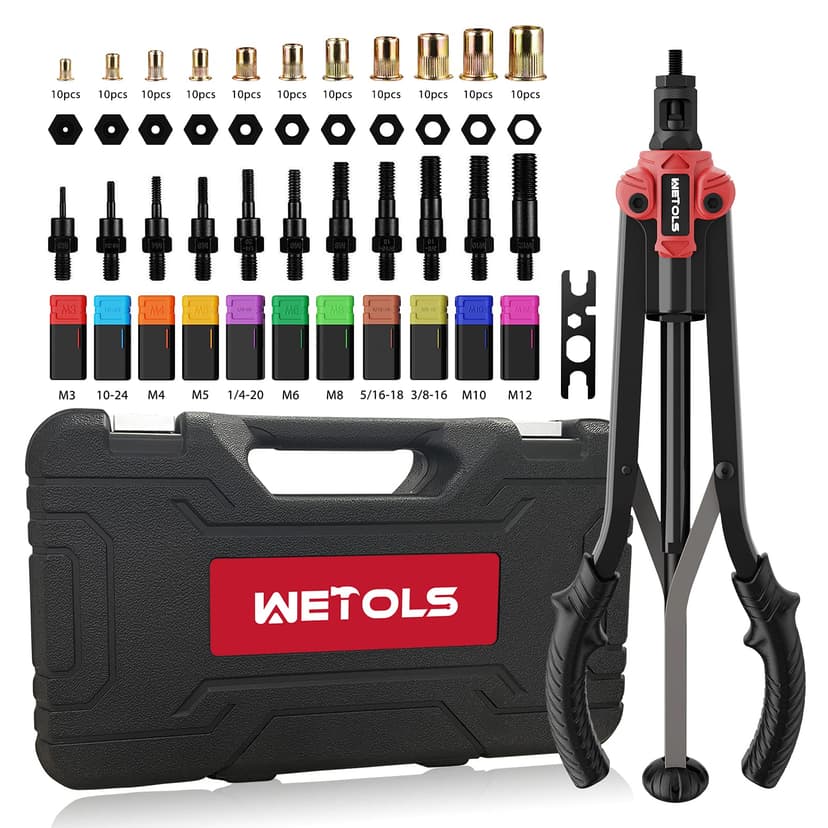 WETOLS Rivet Nut Tool, 17" Rivet Nut Tool with 11 Metric and SAE Mandrels | Professional Hand Riveters with 110Pcs Rivnuts Assortment Kit, Sturdy Case Packed, Auto Release Nut Design, WE-896