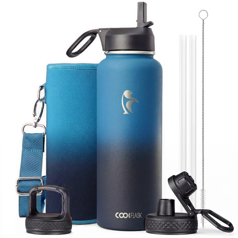 Coolflask 40 oz Water Bottle Insulated with Straw & 3 Leakproof Lids | Water Flask Stainless Steel Triple-Wall Vacuum,Cold 48+h,Dishwasher Safe,Wide Mouth, BPA-Free,Carrier Bag,for Gym,Hiking