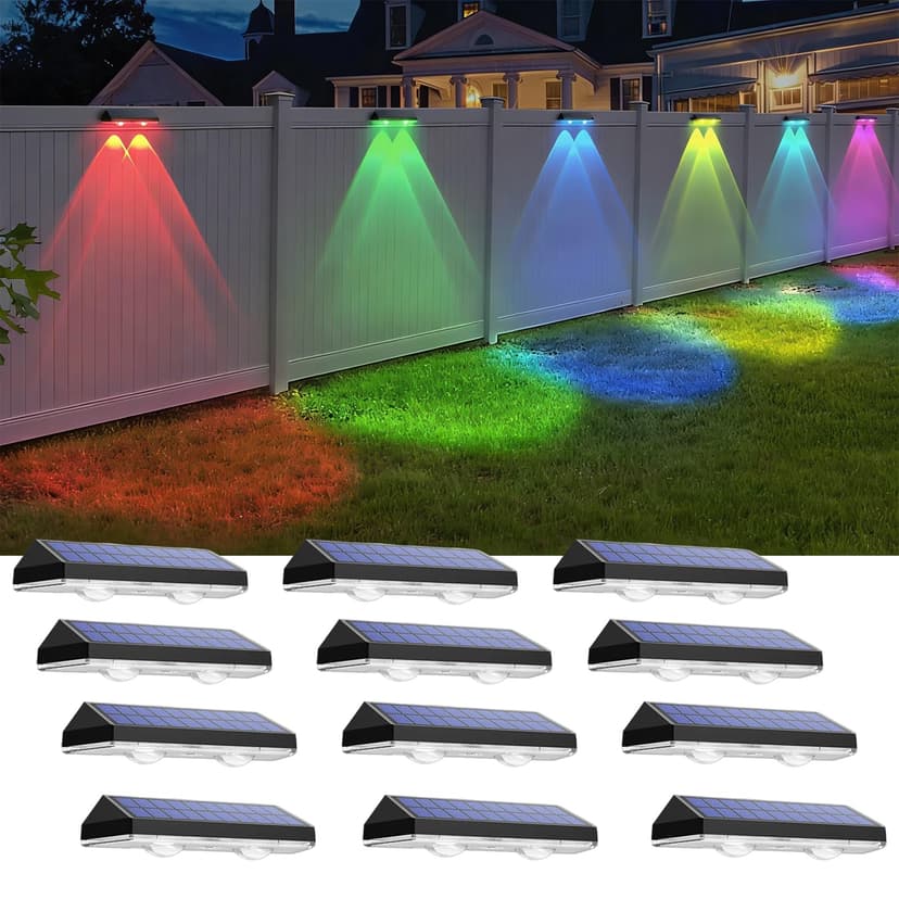 Solar Fence Lights Outdoor - Warm White & RGB 6 Color, Dusk to Dawn Solar Deck Light, Solar Lights Outdoor IP65 Waterproof, Garden Lights for Outside/Backyard/Railing/Step/Patio/Wall (12 pack)