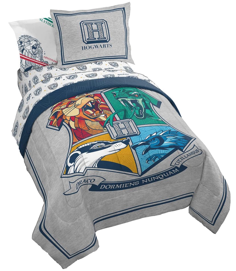 Harry Potter Twin Comforter Set 5 Piece Kids Bedding, Gray | Hogwarts, Bed in a Bag, Comforter Sheets Sham Pillowcase, Official Brand, Soft Microfiber, Machine Washable, Kids Gift