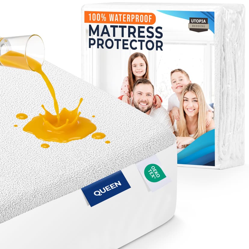Queen Size Mattress Protector Waterproof, Premium 200 GSM Terry Mattress Cover, Soft & Breathable Bed Cover, Fitted Sheet Style Stretchable Deep Pockets 17" by Utopia Bedding (White)