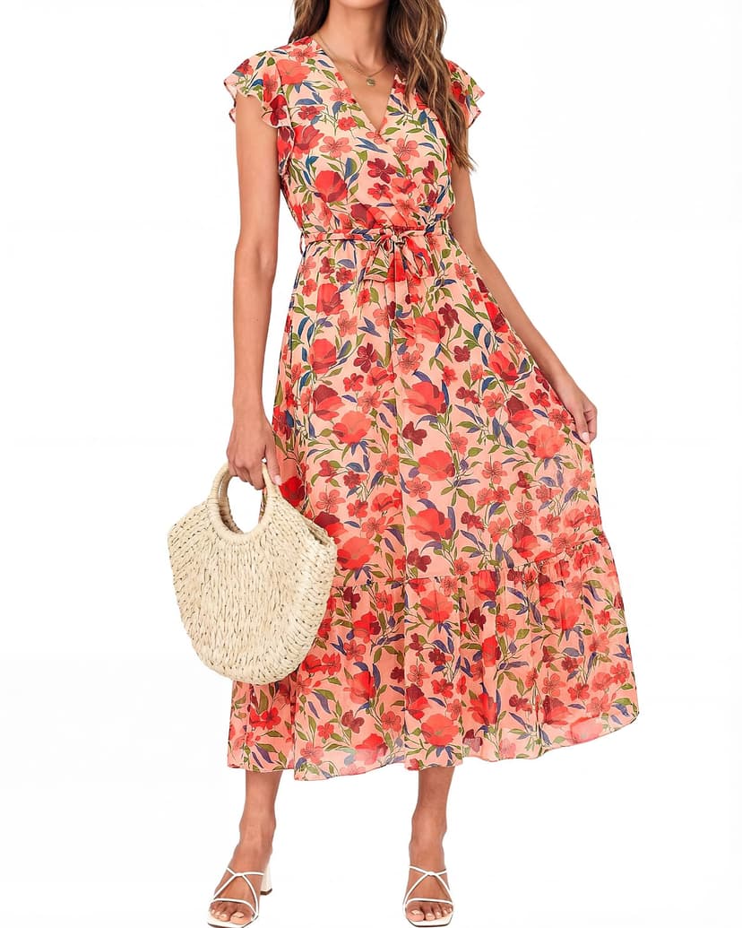 BTFBM Women Summer Bohemian Floral Casual Wrap V Neck Ruffle Cap Sleeveless Belt A-Line Pleated Hem Midi Sun Dress White | Fall Swiss Dots A-line Long Wedding Guest Dresses,Elegant Floral Boho Sundres