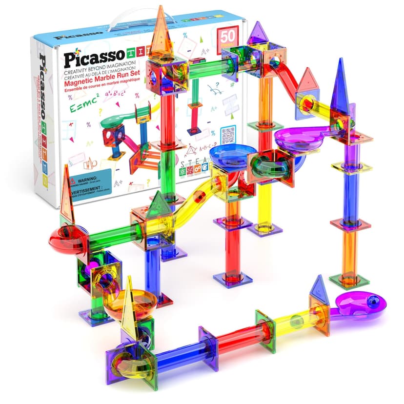 PicassoTiles 50 Piece Magnetic Marble Run Toy STEM Educational Building Set | BPA-free plastic construction, age 3+ coordination tracking, Fine Motor Skills & Spatial Reasonings, creative pretend play